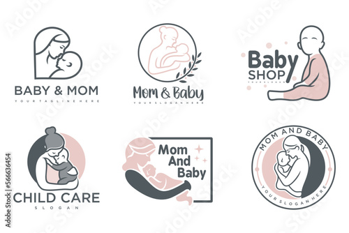 happy baby and mother icon set logo design.badges for children store & baby care center.illustration