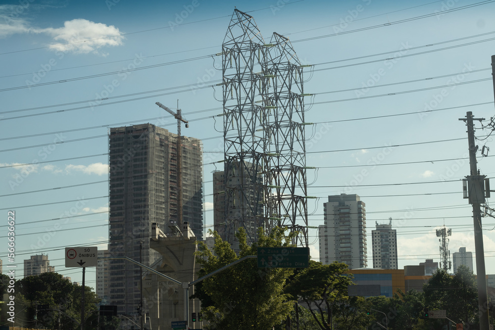 Transmission tower in the middle of the city surrounded by buildings , Vila Prudente, Sao Paulo, Brazil - Torre de transmissão cercada por prédios, em São Paulo, Brasil