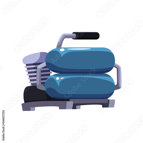 Blue air compressor vector illustration. Vector illustration of pneumatic equipment for construction works. Cartoon machine with pump, tank of gas under pressure, rotary engine isolated on white. Duct