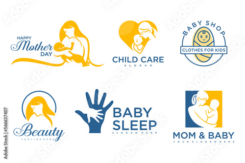 happy baby and mother icon set logo design.badges for children store & baby care center.illustration