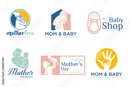 happy baby and mother icon set logo design.badges for children store & baby care center.illustration