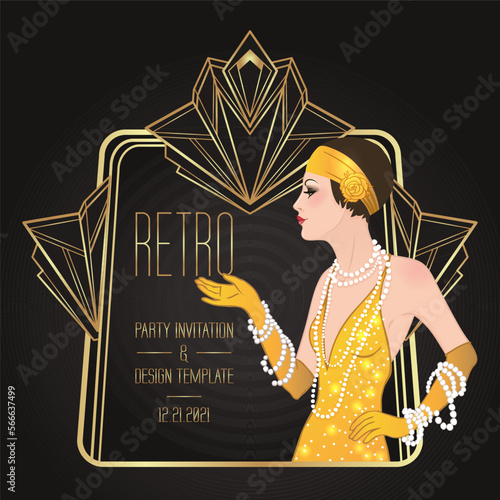 Flapper girl. Art deco 1920s style vintage invitation template design for drink list, bar menu, glamour event, thematic wedding, jazz party flyer. Vector art.