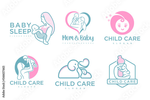 happy baby and mother icon set logo design.badges for children store & baby care center.illustration