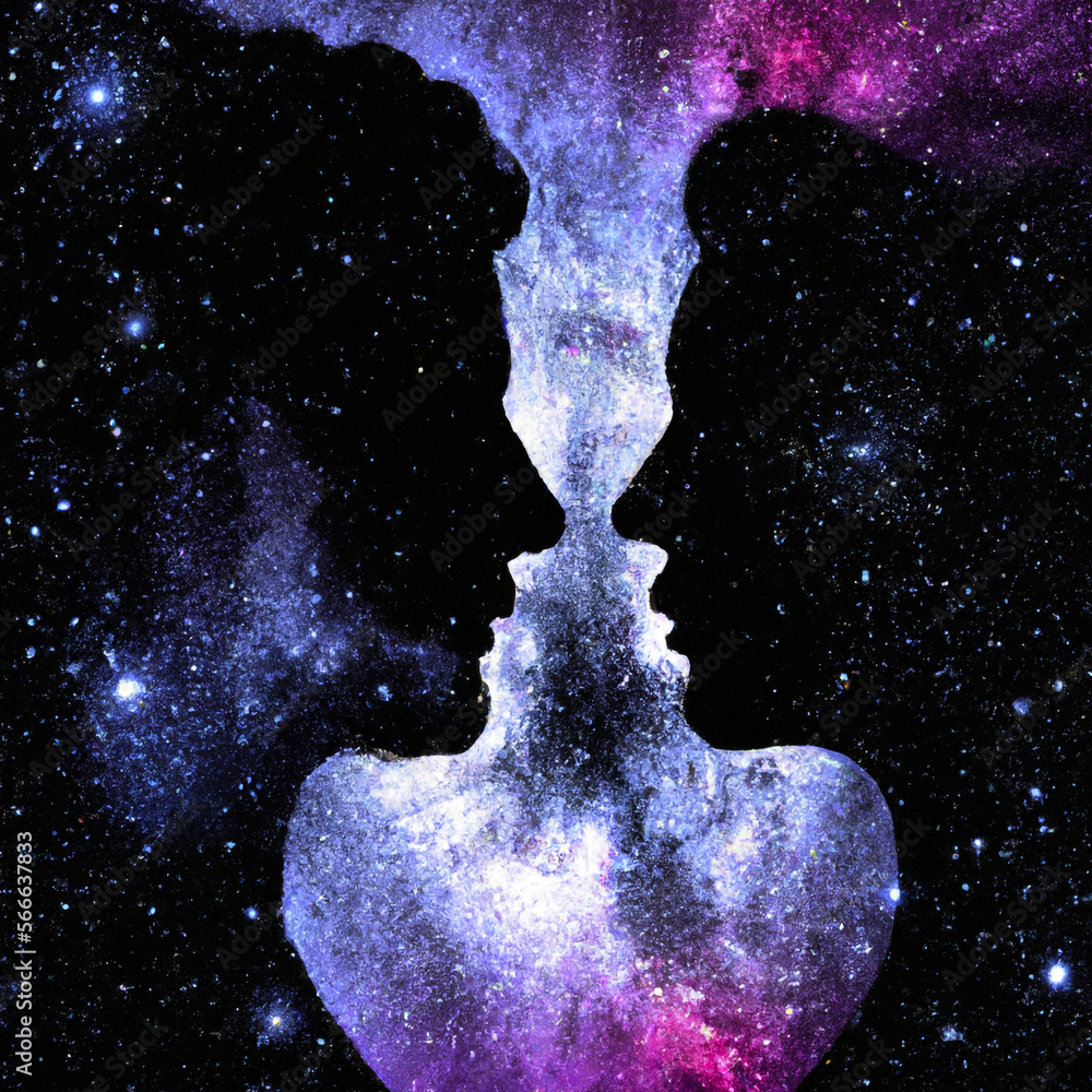 Obraz premium Man and Woman silhouettes at abstract cosmic background. Human souls couple in love and spiritual life concept – Generative AI illustration