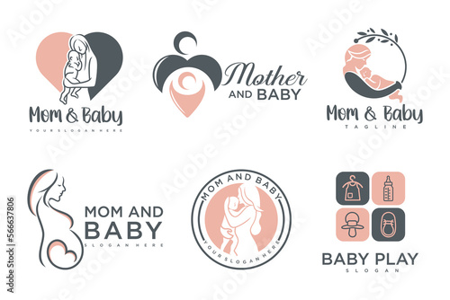 happy baby and mother icon set logo design.badges for children store   baby care center.illustration