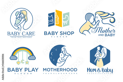 happy baby and mother icon set logo design.badges for children store & baby care center.illustration