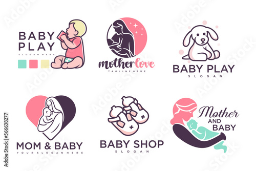 happy baby and mother icon set logo design.badges for children store & baby care center.illustration