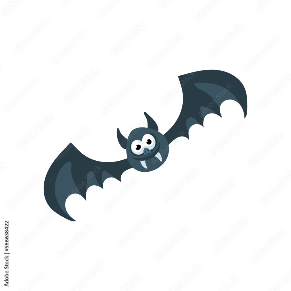 Obraz premium Cute flying bat vector illustration. Cartoon drawing of funny spooky Halloween character smiling isolated on white background. Halloween, fantasy concept