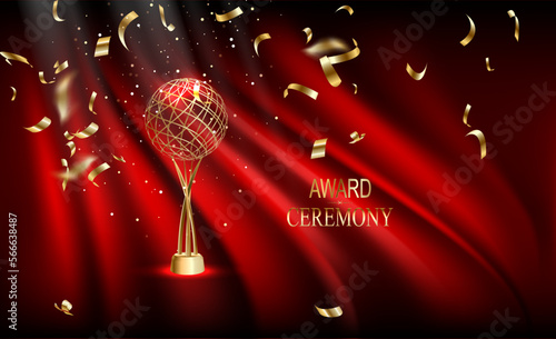 Golden trophy, gold cup award. Realistic vector illustration isolated on the background of red curtains