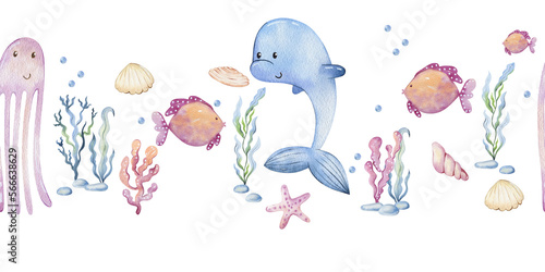 Watercolor seamless border with sea animals and sea plants.