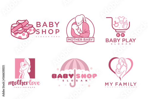 happy baby and mother icon set logo design.badges for children store & baby care center.illustration