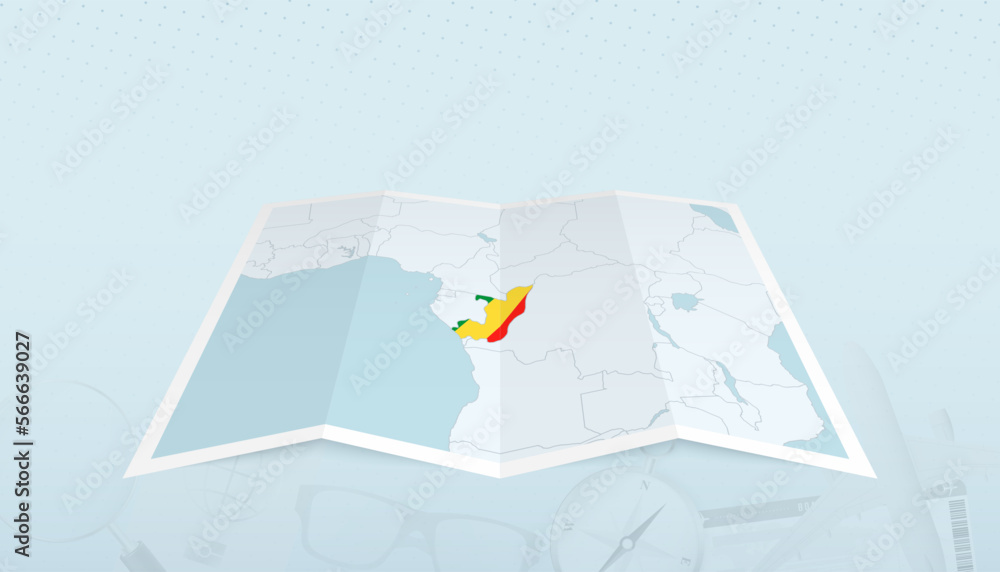 Map of Congo with the flag of Congo in the contour of the map on a trip abstract backdrop.