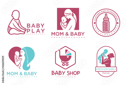 happy baby and mother icon set logo design.badges for children store & baby care center.illustration
