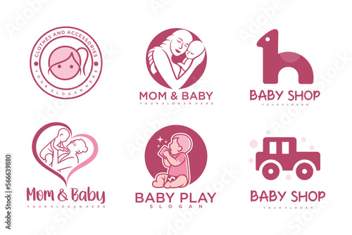 happy baby and mother icon set logo design.badges for children store & baby care center.illustration