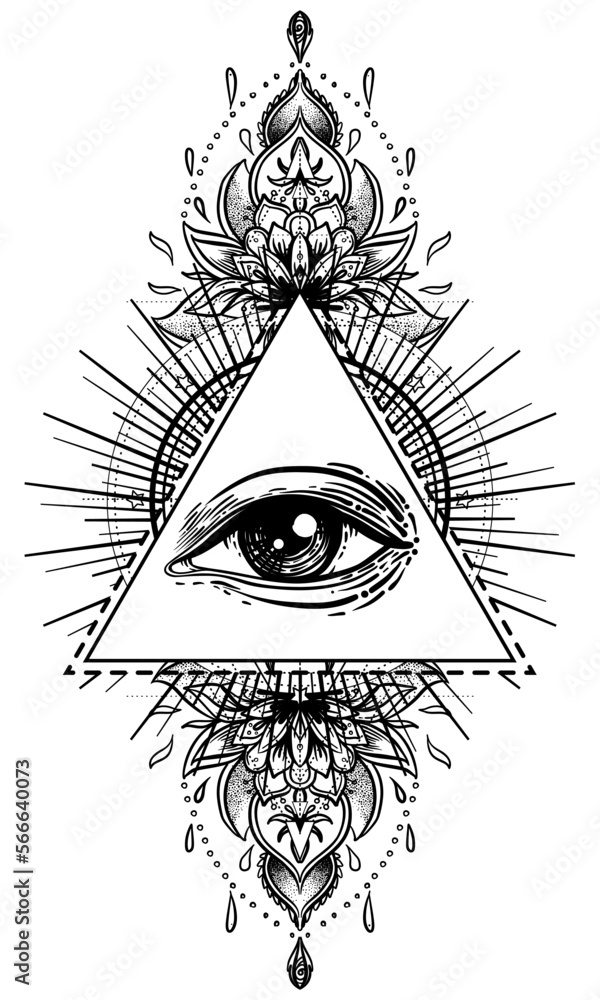 Obraz premium Blackwork tattoo flash. Eye of Providence. Masonic symbol. All seeing eye inside triangle pyramid. New World Order. Sacred geometry, religion, spirituality, occultism. Isolated vector illustration.