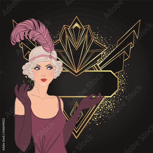 Flapper girl. Art deco 1920s style vintage invitation template design for drink list, bar menu, glamour event, thematic wedding, jazz party flyer. Vector art.