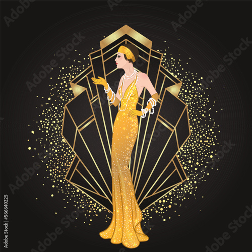 Flapper girl. Art deco 1920s style vintage invitation template design for drink list, bar menu, glamour event, thematic wedding, jazz party flyer. Vector art.
