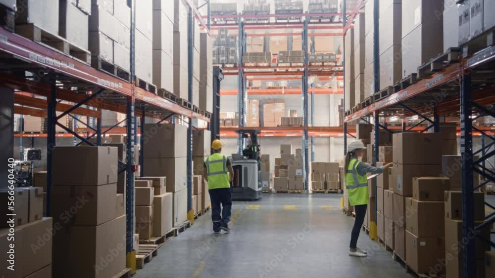 Retail Warehouse with High Shelves and Goods in Cardboard Boxes. Team of Professional Workers Scan and Sort Packages, Operate Hand Pallet Trucks and Forklifts. e-Commerce Products Distribution Center Retail Warehouse with High Shelves and Goods in Cardboard Boxes. Team of Professional Workers Scan and Sort Packages, Operate Hand Pallet Trucks and Forklifts. e-Commerce Products Distribution Center