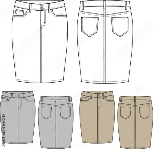 Women basic denim skirt flat sketch template technical CAD illustration	
