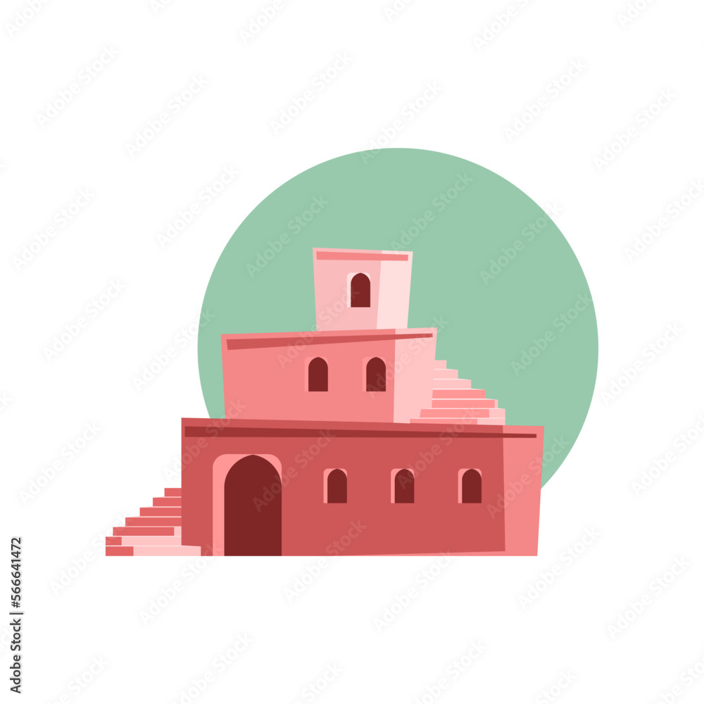 Abstract boho red building with stairs and windows. Vector illustration of minimalist building with geometric style. Cartoon minimal building with arch, windows and stairs isolated on white background Abstract boho red building with stairs and windows. Vector illustration of minimalist building with geometric style. Cartoon minimal building with arch, windows and stairs isolated on white background