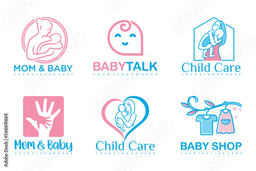 happy baby and mother icon set logo design.badges for children store & baby care center.illustration