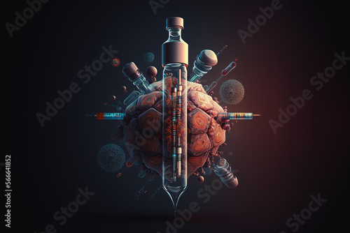 Generative AI illustration of flask with medicine from virus photo