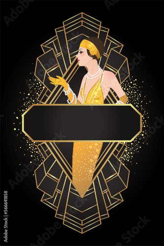 Flapper girl. Art deco 1920s style vintage invitation template design for drink list, bar menu, glamour event, thematic wedding, jazz party flyer. Vector art.