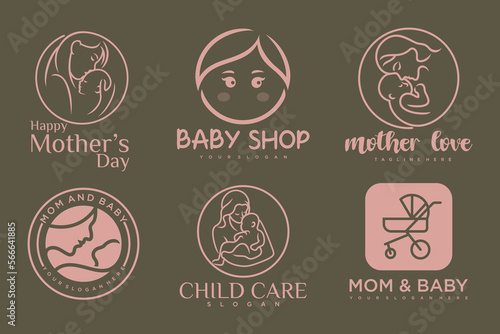 happy baby and mother icon set logo design.badges for children store & baby care center.illustration