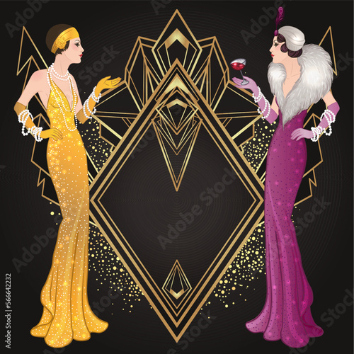 Flapper girl. Art deco 1920s style vintage invitation template design for drink list, bar menu, glamour event, thematic wedding, jazz party flyer. Vector art.