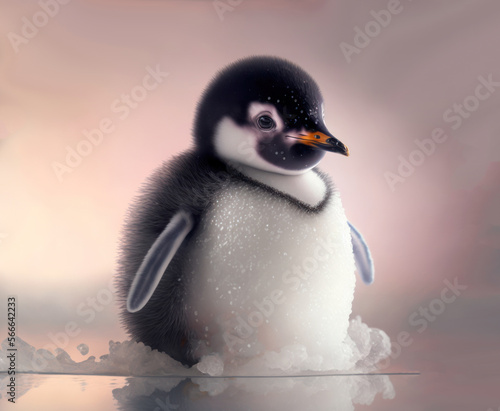 Penguin cub portrait close up.  AI generative
