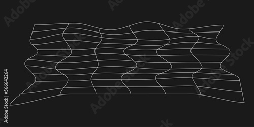 Cyber distorted grid, retro punk design element. Wireframe wave geometry grid on black background. Vector illustration