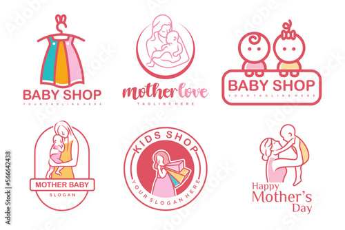 happy baby and mother icon set logo design.badges for children store & baby care center.illustration