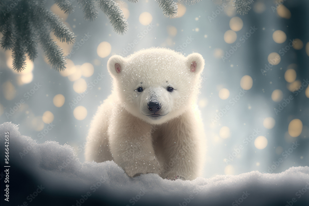 Polar bear cub walking on the snow. Forest trees background. AI generative