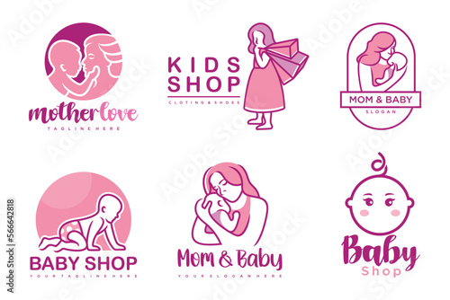 happy baby and mother icon set logo design.badges for children store & baby care center.illustration