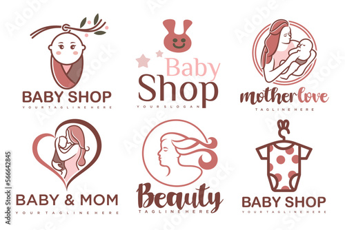 happy baby and mother icon set logo design.badges for children store & baby care center.illustration