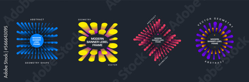 Vector banner template, modern geometric tag with round elements in a circle, square, rhombus, text in the center.