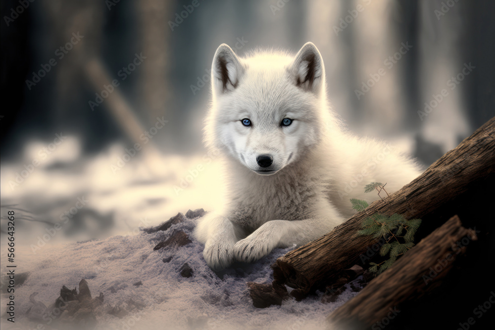 Portrait of a white baby wolf. Arctic wolf cub on nature background. AI