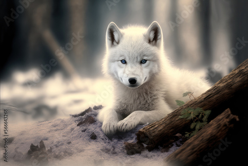 Portrait of a white baby wolf. Arctic wolf cub on nature background. AI generative