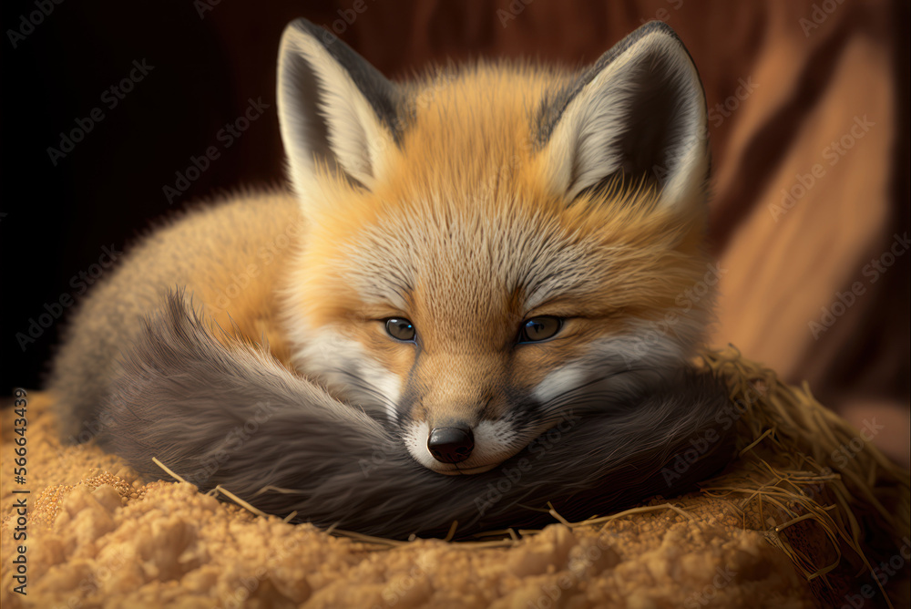 Red fox baby portrait, close up. Vulpes vulpes cub. AI generative