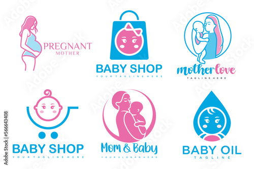 happy baby and mother icon set logo design.badges for children store & baby care center.illustration
