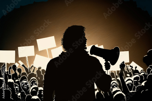 Silhouette of a man speaking through a loudspeaker at a demonstration. Generative AI