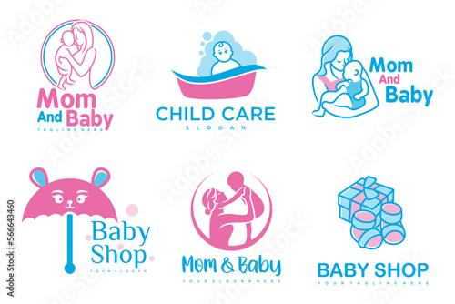 happy baby and mother icon set logo design.badges for children store   baby care center.illustration