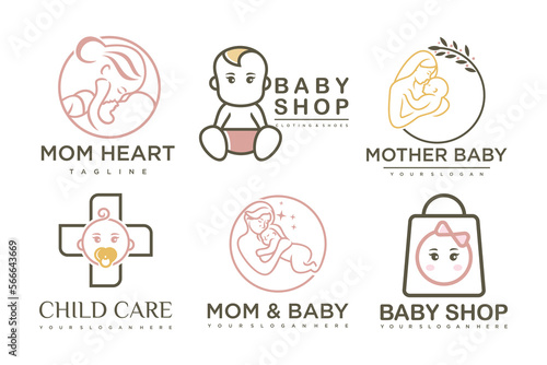 happy baby and mother icon set logo design.badges for children store & baby care center.illustration