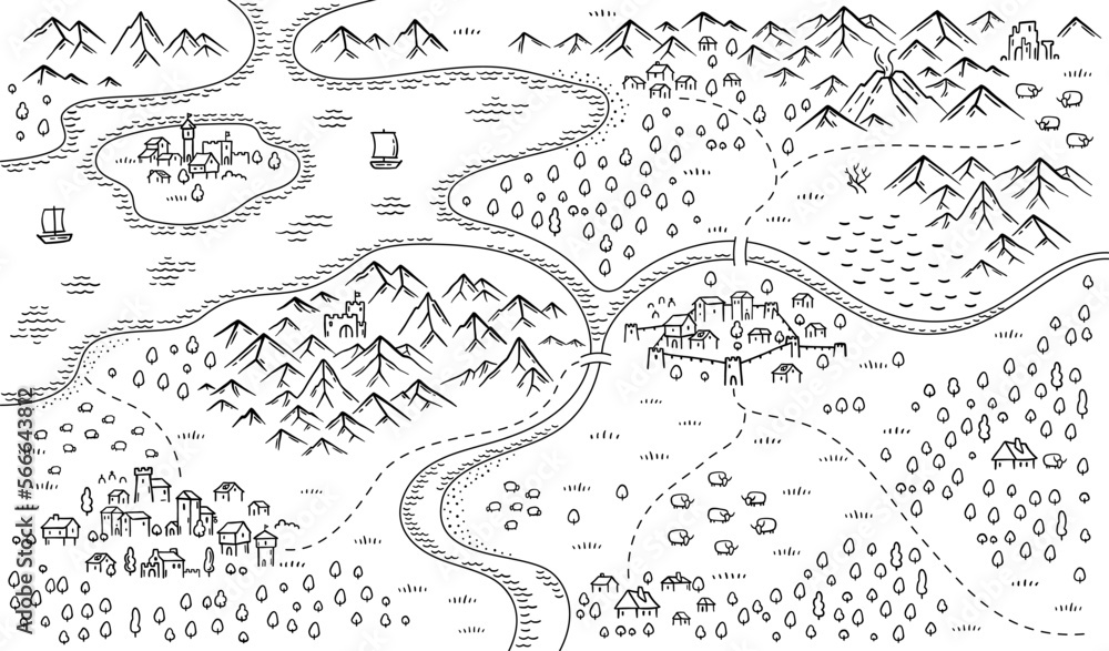 Naklejka premium Medieval fantasy map. Mountain river and village. Middle Ages map. Hand drawn vector.