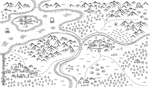 Medieval fantasy map. Mountain river and village. Middle Ages map. Hand drawn vector.