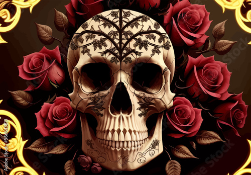 Skull and roses vector illustration. Dark fantasy.