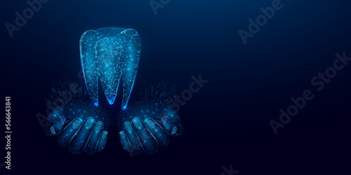 Two human hands are holds tooth. Abstract wireframe low poly style banner. Dentistry services, teeth treatment, dental care, stomatology concept. Dark blue background. Vector illustration