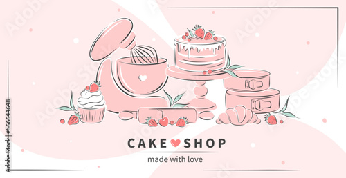 Cake shop. Kitchen tools, different desserts, pastry dishes, ingredients for baking items. Cutlery, mixer, cake, croissant and berry. Vector illustration
