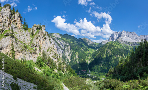 The north walls of Karwendel mountains - Lamsen spitze peak over the Eng tall.