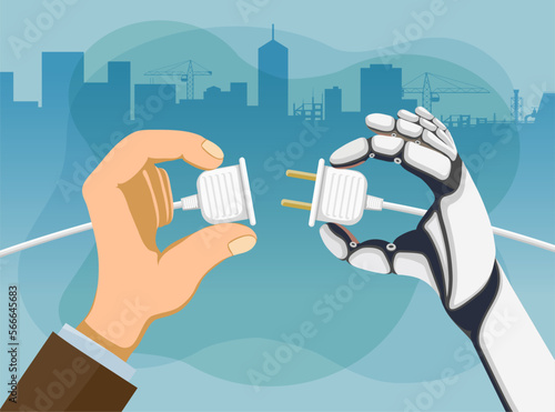 Human and a robotic hands hold a socket and plug